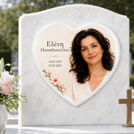 Πορσελάνη καρδιά τοποθετημένη σε μνήμα με φωτογραφία και στοιχεία προσώπου