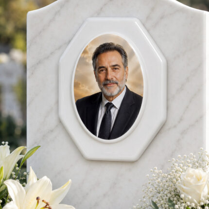 Οκτάγωνη πορσελάνη 13x18 εκ. τοποθετημένη σε μνήμα με ανδρική φωτογραφία
