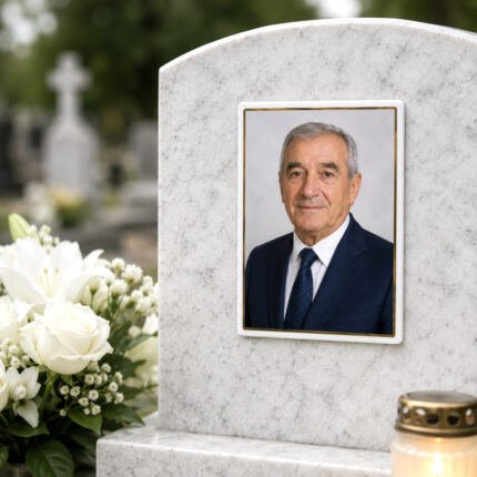 Ορθογώνια πορσελάνη μνήματος με χρυσό περίγραμμα τοποθετημένη σε μαρμάρινο μνήμα
